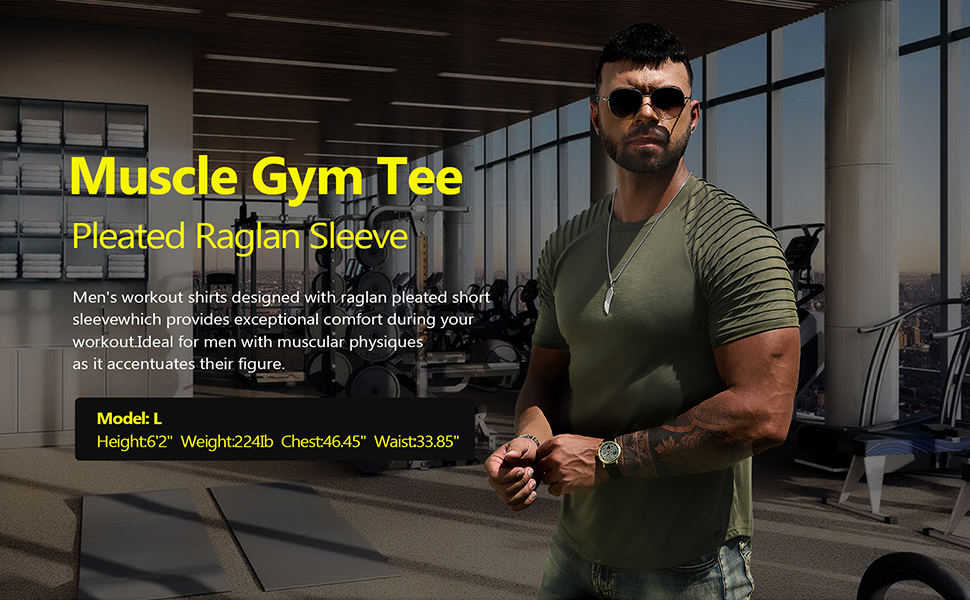 Men's Muscle Workout T-Shirt Pleated Raglan Short Sleeve Gym Athletic Fashion Tee Top