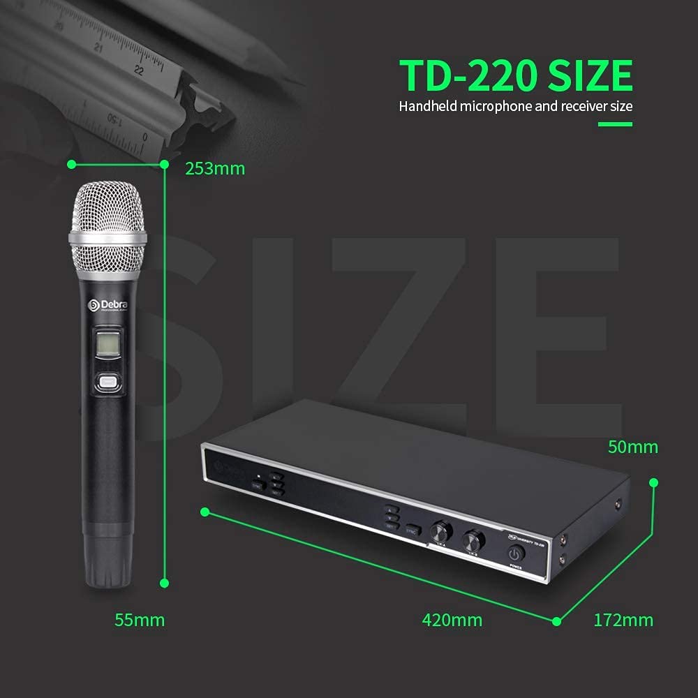 D Debra Audio New Model TD-220 Professional UHF True Diversity 2 Channel Wireless Microphones System with 2 Cordless Handheld Mic