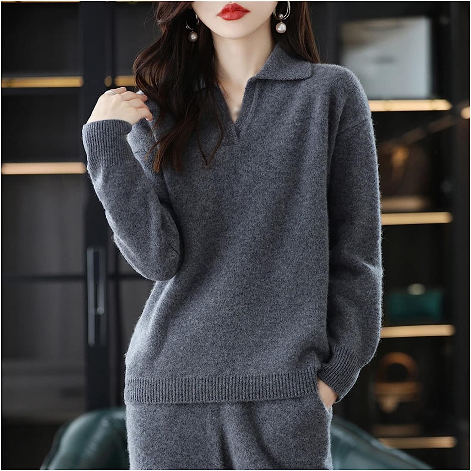 Walnut Casual Wide-Legged Pants Knitted Suit Autumn and Winter Loose Wool Sweater Top High-Waisted Pants Two-Piece Suit (Color : D, Size : S Code)