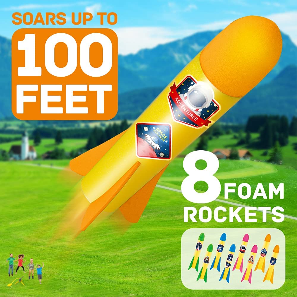 YEEBAY Rocket Air Launch Toy for Kids Age of 3, 4, 5, 6, 7, 8+ Years Old Boys, Girls, 2 Pack Rocket Launchers & 8 Colorful Foam Rockets, Fun Outdoor Game, Ideal Xmas Birthday Gift