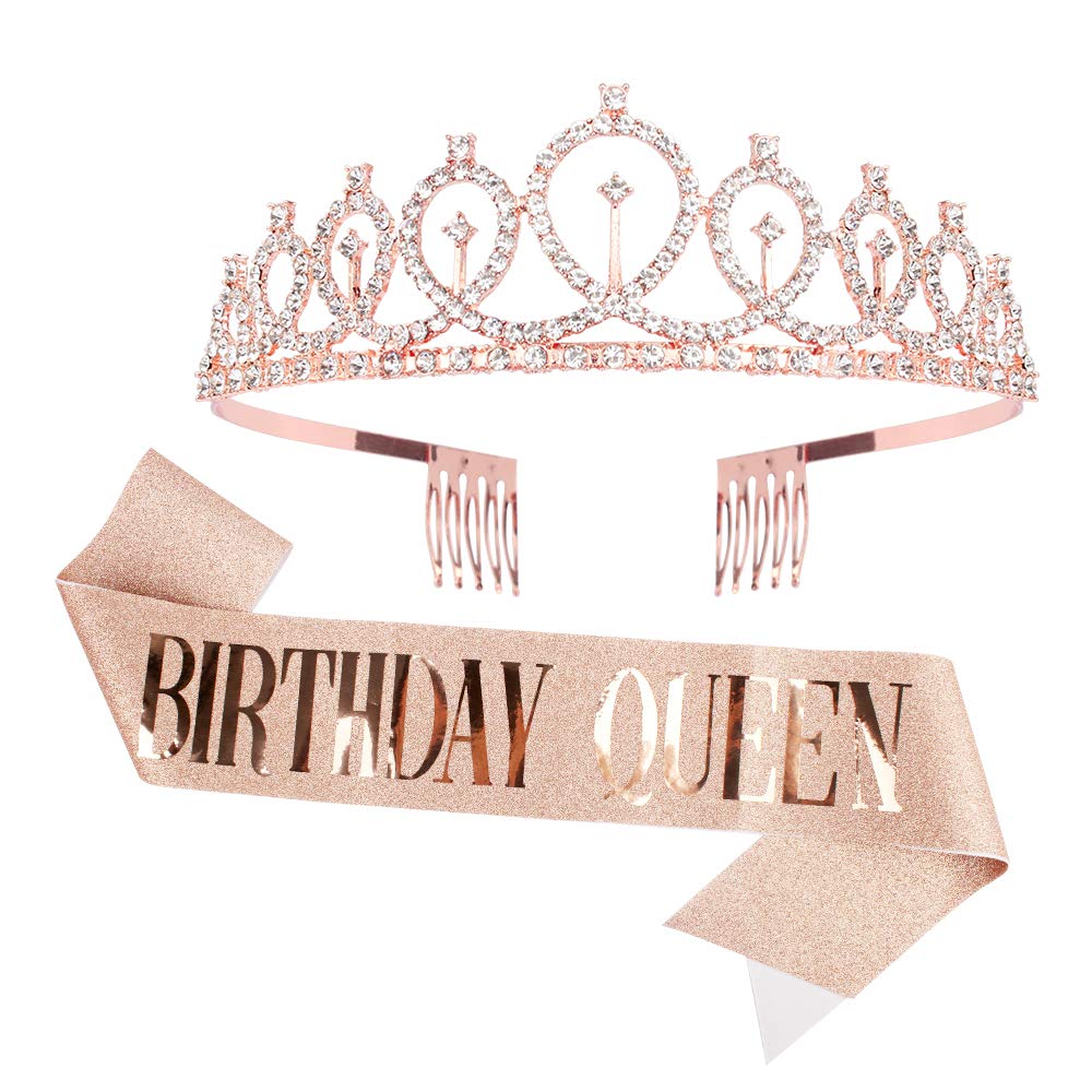 CIEHER Birthday Queen Sash & Rhinestone Tiara Kit, Birthday Crowns for Women Birthday Crown Birthday Tiaras and Crowns Rose Gold Birthday Tiara Crowns for Women Girls Birthday Gift Birthday Decoration