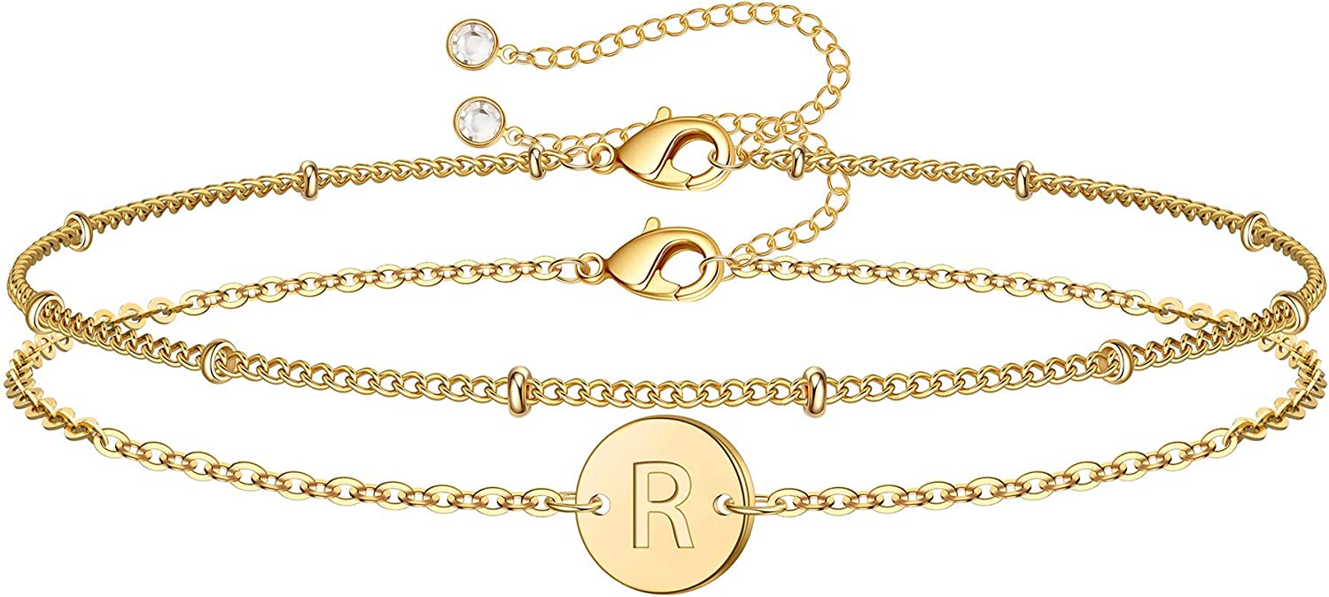 MONOZO Gold Initial Bracelets for Women Girls, Dainty 14K Gold Filled Layered Beaded Letter Initial Bracelet Personalized 26 Alphabet Disc Monogram Charm Bracelet Jewelry Gifts for Girls