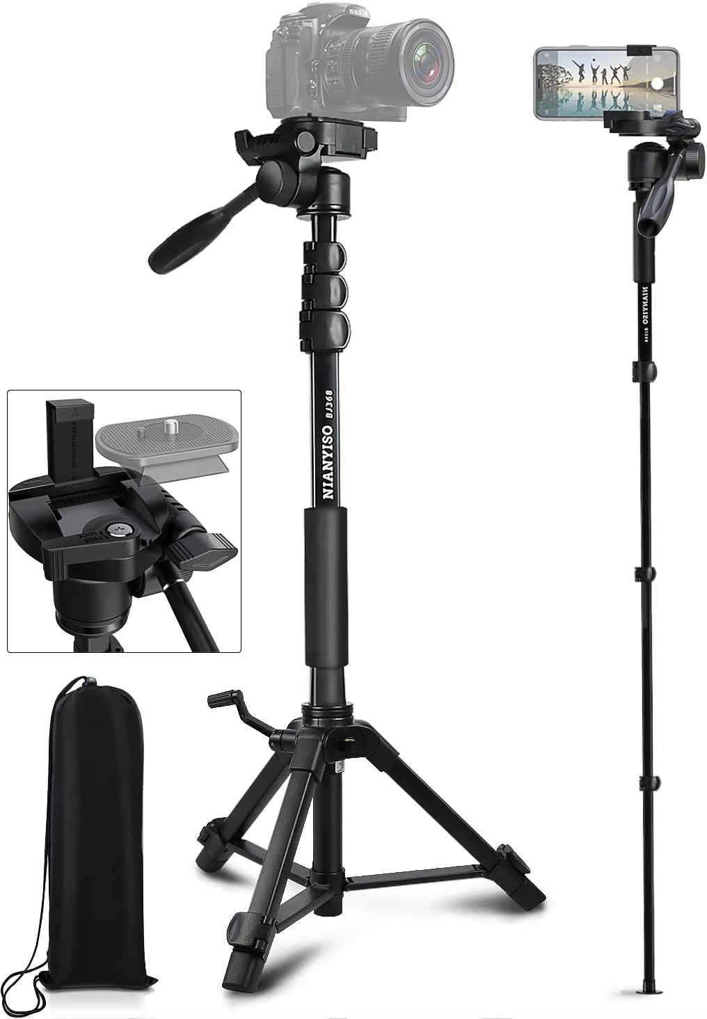 Camera Tripod 69 Inch， Patented 3-Way Swivel Portable Phone Tripod Professional Aluminum Alloy Travel Phone Camera Stand Monopod for Canon Nikon GoPro DSLR， DV Video Camcorder， Smartphone