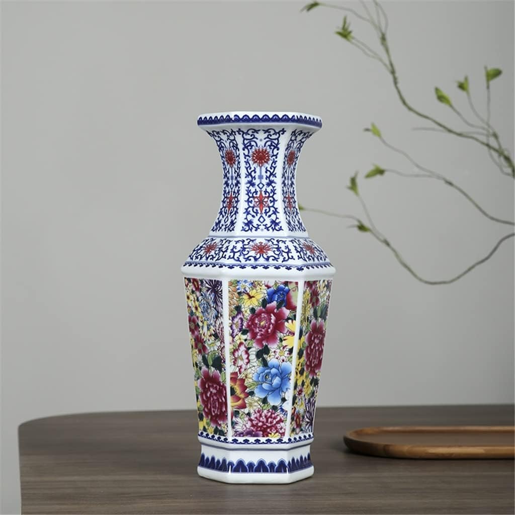 ZSEDP Antique Ceramic Vase Hexagonal Vase Blue and White Porcelain Chinese Style Living Room Flower Decoration Crafts