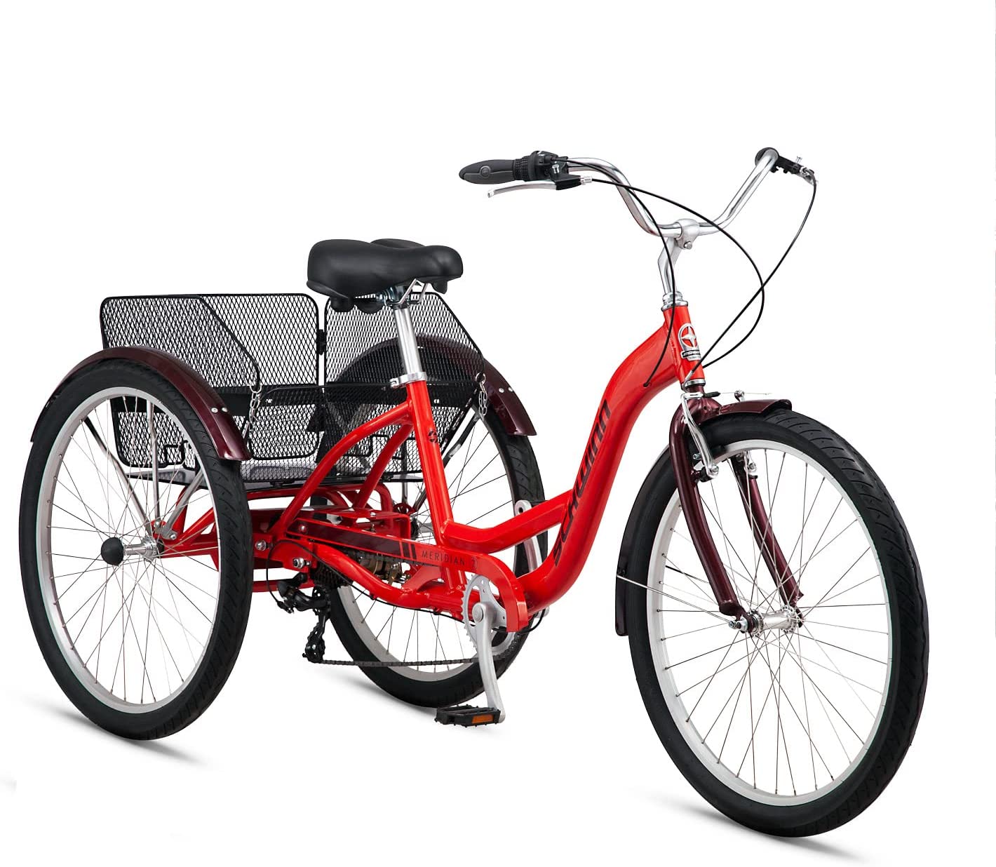 Schwinn Meridian Adult Trike, Three Wheel Cruiser Bike, 7-Speed, 26-Inch Wheels, Cargo Basket, Red