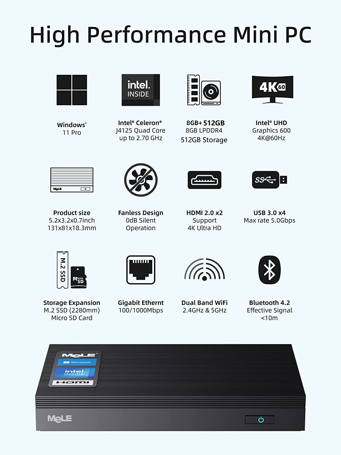 Mini PC Fanless Quieter2Q Windows 11 Pro Celeron J4125 8GB/512GB Small Desktop Computer Micro PC Support M.2 SSD up to 4TB Dual HDMI 4K 2.4G/5G Wi-Fi Gigabit Ethernet BT4.2 Win 10,PXE,Plex VESA Mount