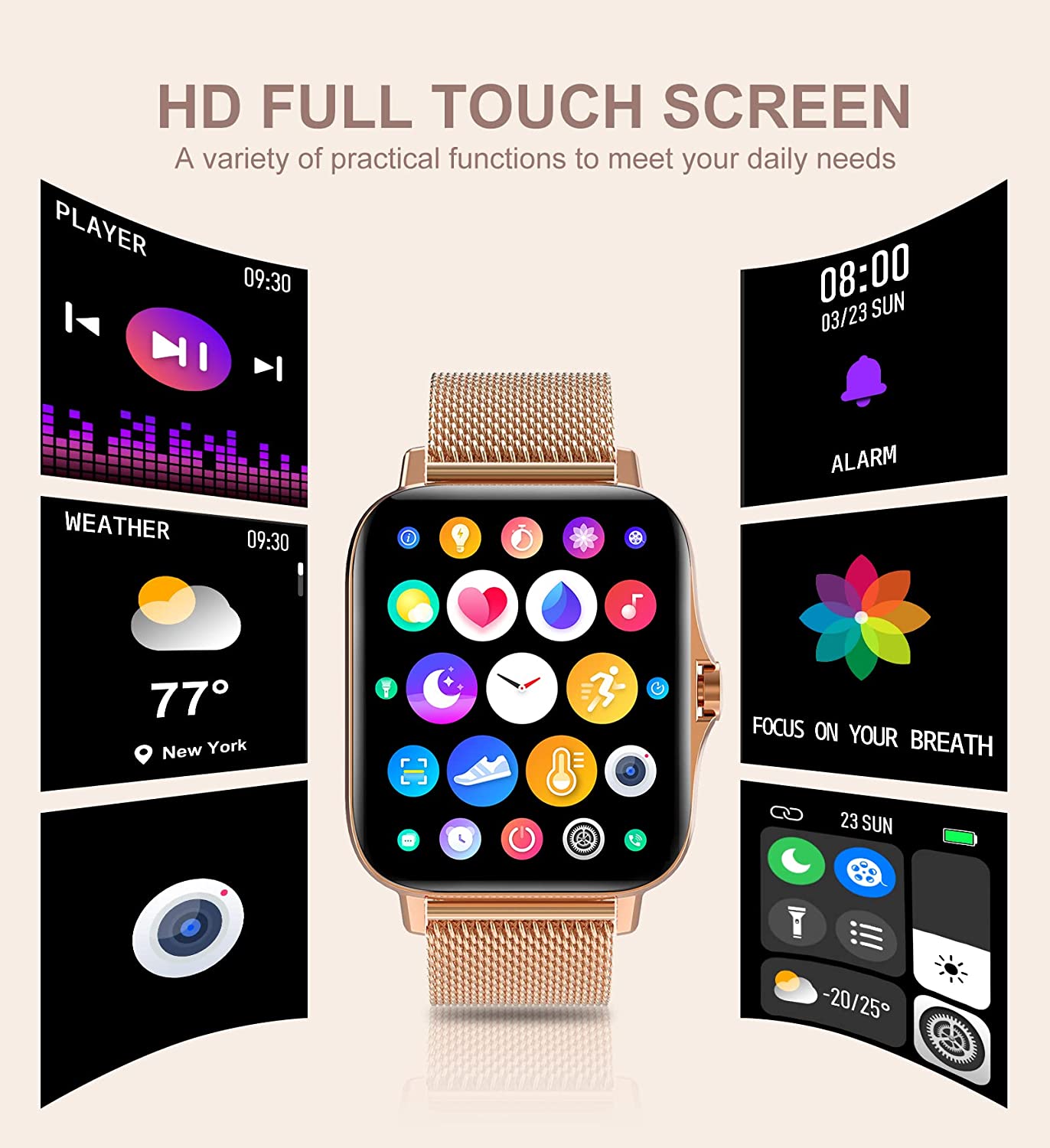Iaret Smart Watch for Women(Call Receive/Dial), Fitness Tracker Waterproof Smartwatch for Android iOS Phones 1.7" HD Full Touch Screen Digital Watches with Heart Rate Sleep Monitor Pedometer, Gold