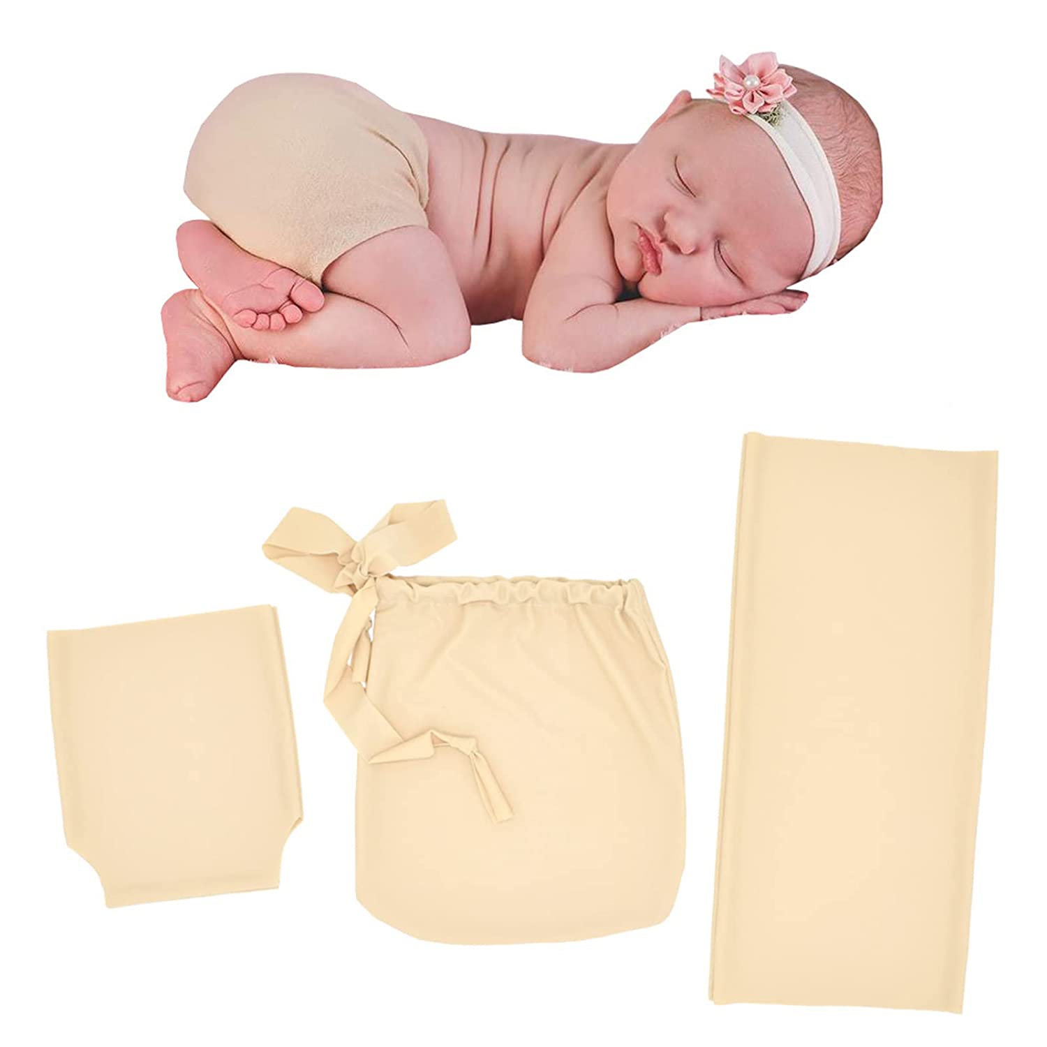 3PCS Baby Newborn Photo Props Wraps & Photography Blanket Set,DIY Newborn Stretch Wrapping Sack Buddy Diaper Cover Infant Photo Blanket Swaddle Photography Props Wraps for Baby Girl Boy