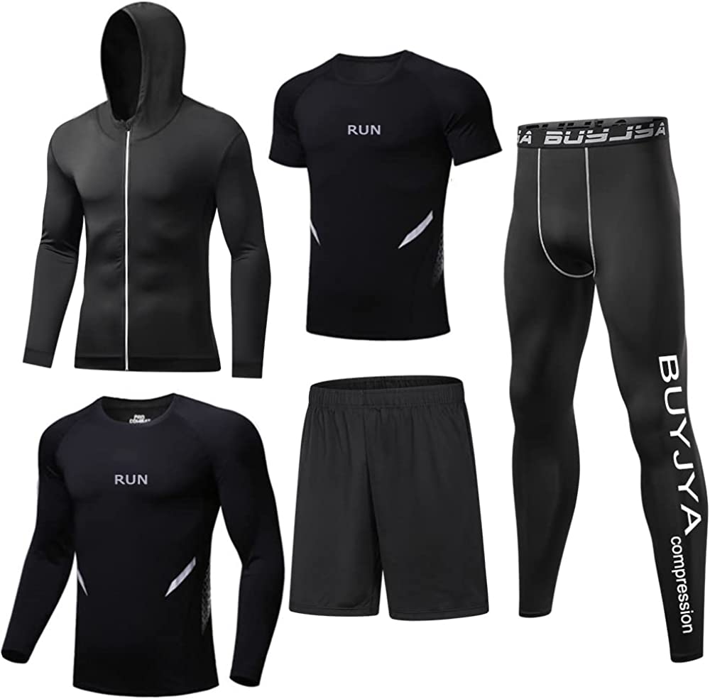 BUYJYA 5Pcs Men's Compression Pants Shirt Top Long Sleeve Jacket Athletic Sets Gym Clothing Mens Workout Valentine's Day gift