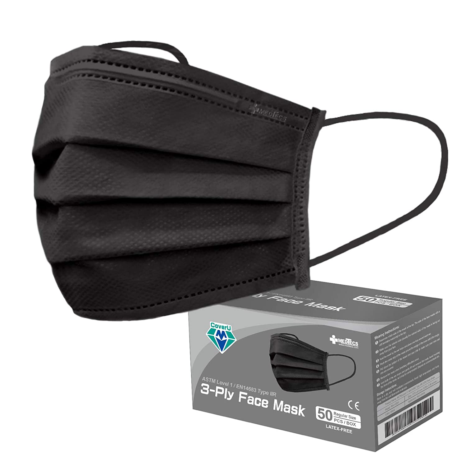 Medtecs Face Mask Disposable - 50/2000 PCS - Comfortable 3 Layer Breathable Mask, the Better Protection and Health Choice - CoverU Adult Mask - 50 PCS/Box - Black