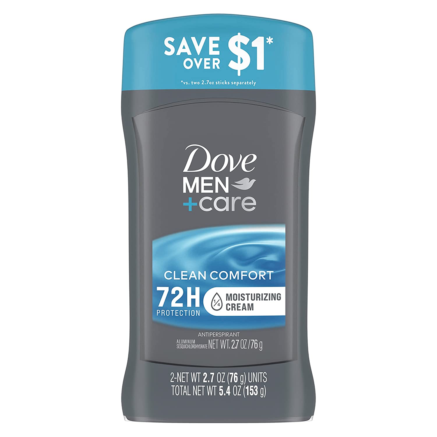 Dove Men+Care Antiperspirant Deodorant Stick Clean Comfort Twin Pack 72-Hour Sweat & Odor Protection Antiperspirant for Men With 1/4 Moisturizing Cream 2.7 oz
