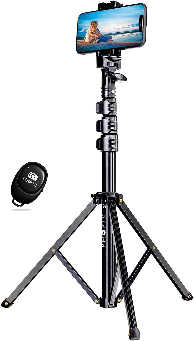 5" Phone Tripod, PHOPIK Aluminum Extendable Tripod Stand with Shutter, Carrying Bag, Compatible with iPhone/Android/Sport Camera Perfect for Video Recording/Selfies/Live Stream/Vlogging