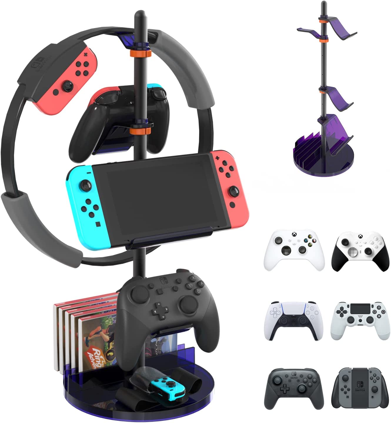 WEGASTU Headphone Stand & Dual Controller Holder for PS5 Xbox Controller Switch PC Headphone Height Adjustable & Stents Rotating Gamers Gaming Accessories Desk Aluminum Support&Thickened ABS (Blue)