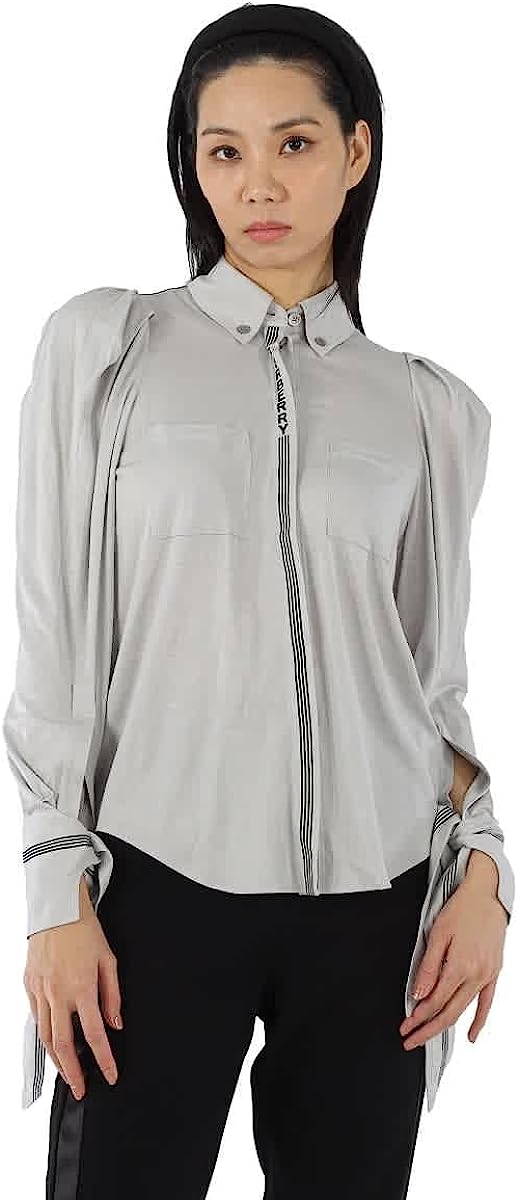 Burberry Grey Melange Stripe And Logo-trimmed Wool And Silk Shirt, Brand Size 8 (US Size 6)