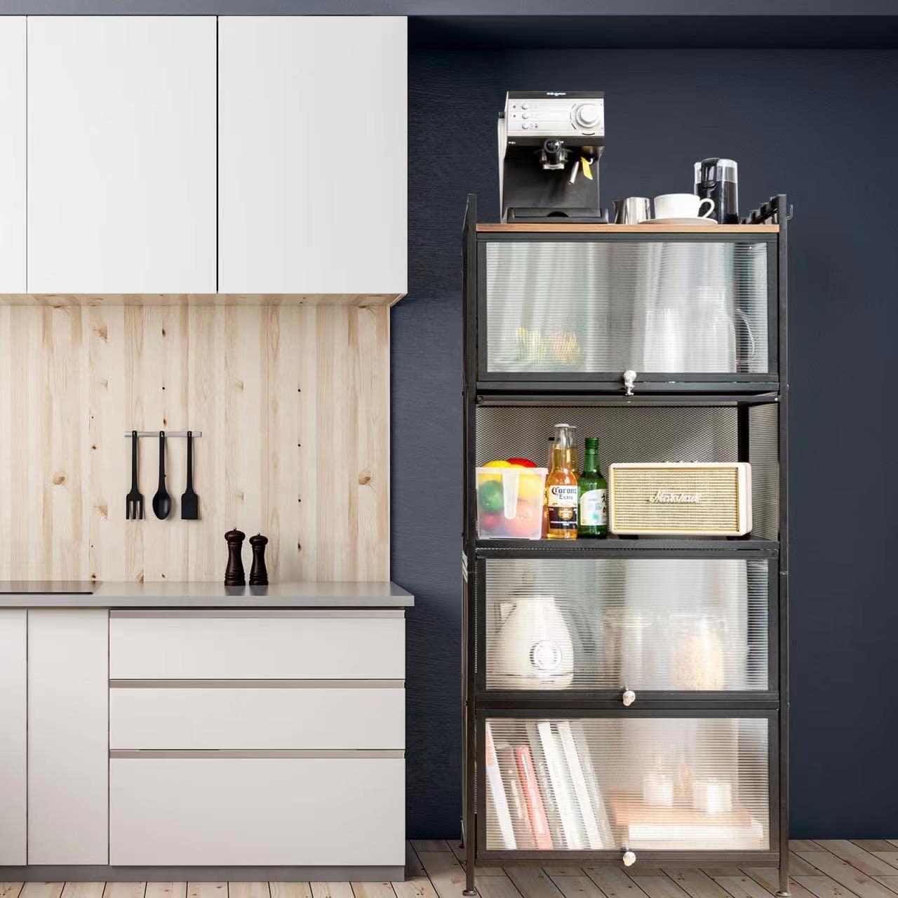 REENLIV 5-Tier Bakers Rack with Power Outlet, Microwave Stand, Bread Rack Coffee Stand, Kitchen Storage Rack with 8 Hooks, Kitchen Shelves for Spices, Pots and Pans, Rustic Brown