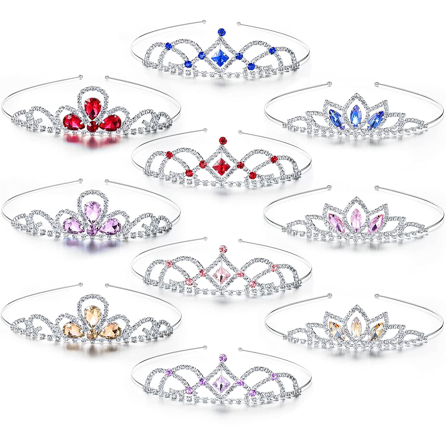 Hicarer 10 Pieces Girls Princess Rhinestone Crown Colorful Crystal Headband Crystal Tiara Rhinestone Princess Crystal Headband for Birthday Wedding Crown Party Prom, Little Girls, Colorful
