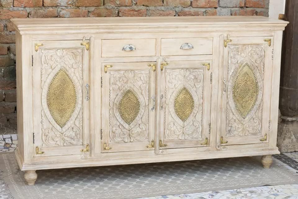 Antique Indian Brass Work Hand Carved Solid Wooden Sideboard Whitewash Mango Wood Indian Arched Sideboard Cabinet Storage Units Indian Solid Wood Finish,Living Room Bedroom Furniture,Modern Sideboard
