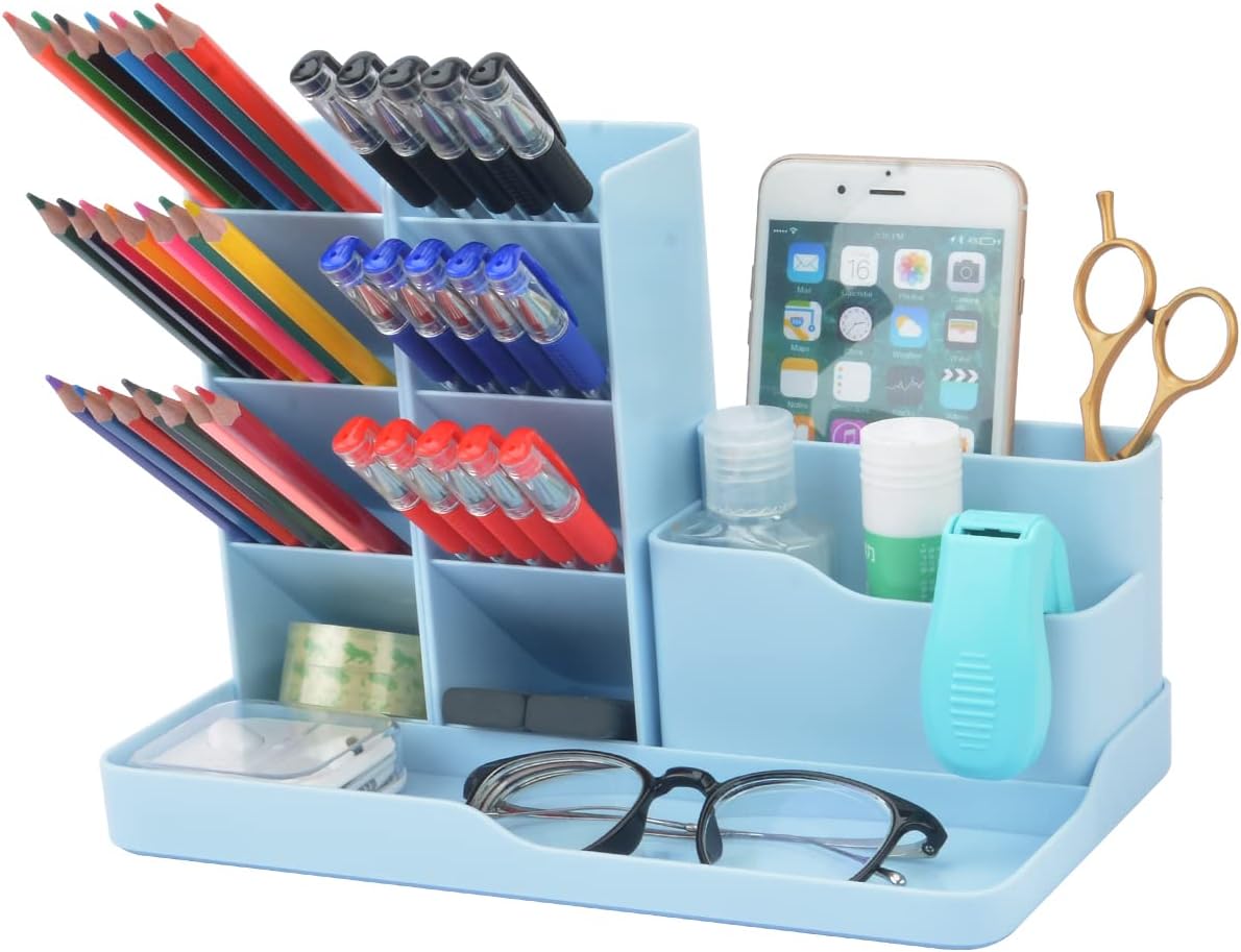 SAMAZAMA Pen Organizer for Desk, Office Supplies Desk organizers and Accessories, Multi-Functional DIY Pen Holder, Desktop Stationary Organizer Caddy, Supply Organizers for Office, School, Home, Blue