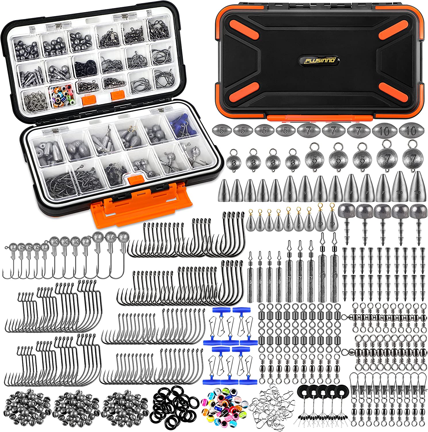 PLUSINNO 264/397pcs Fishing Accessories Kit, Organized Fishing Tackle Box with Tackle Included, Fishing Hooks, Fishing Weights Sinkers, Swivels, Beads, Fishing Gear Set Equipment for Bass Trout
