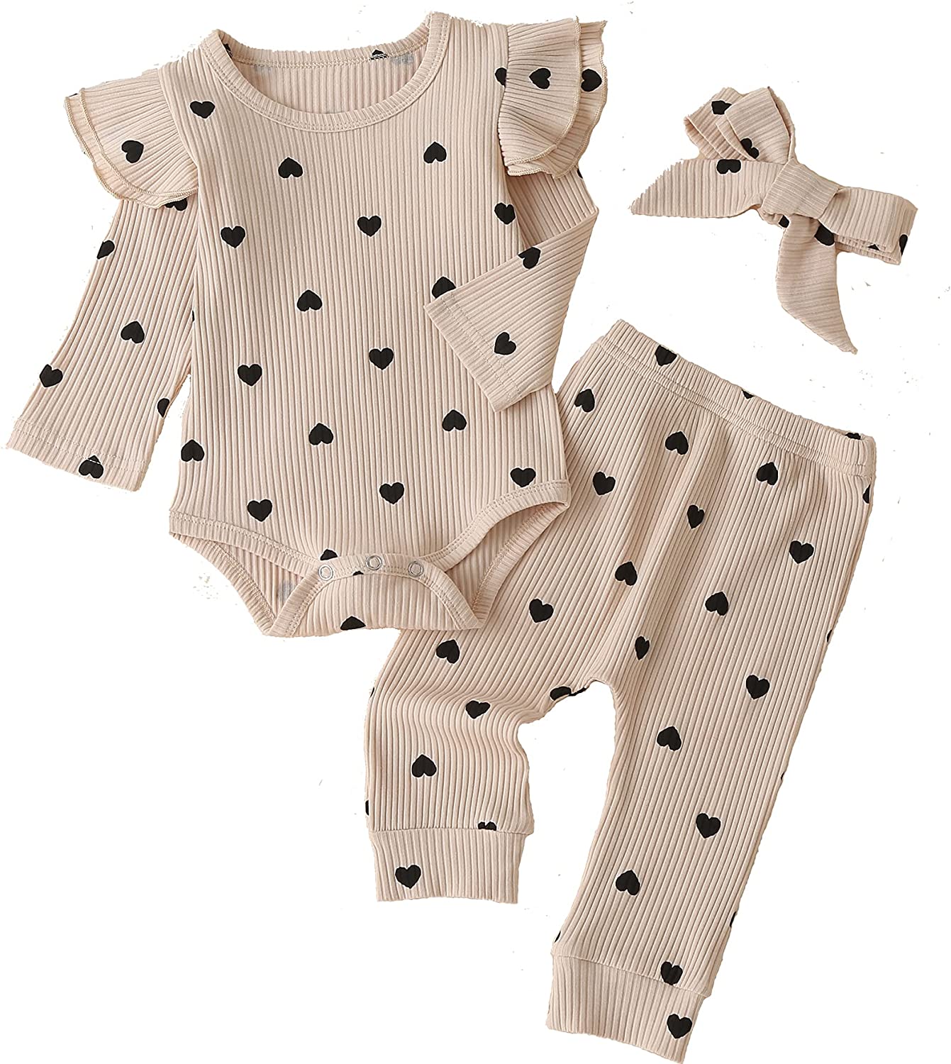 Fullfamous Baby Girl's 3pc Rib Frill Long Sleeve Romper and Pant Set