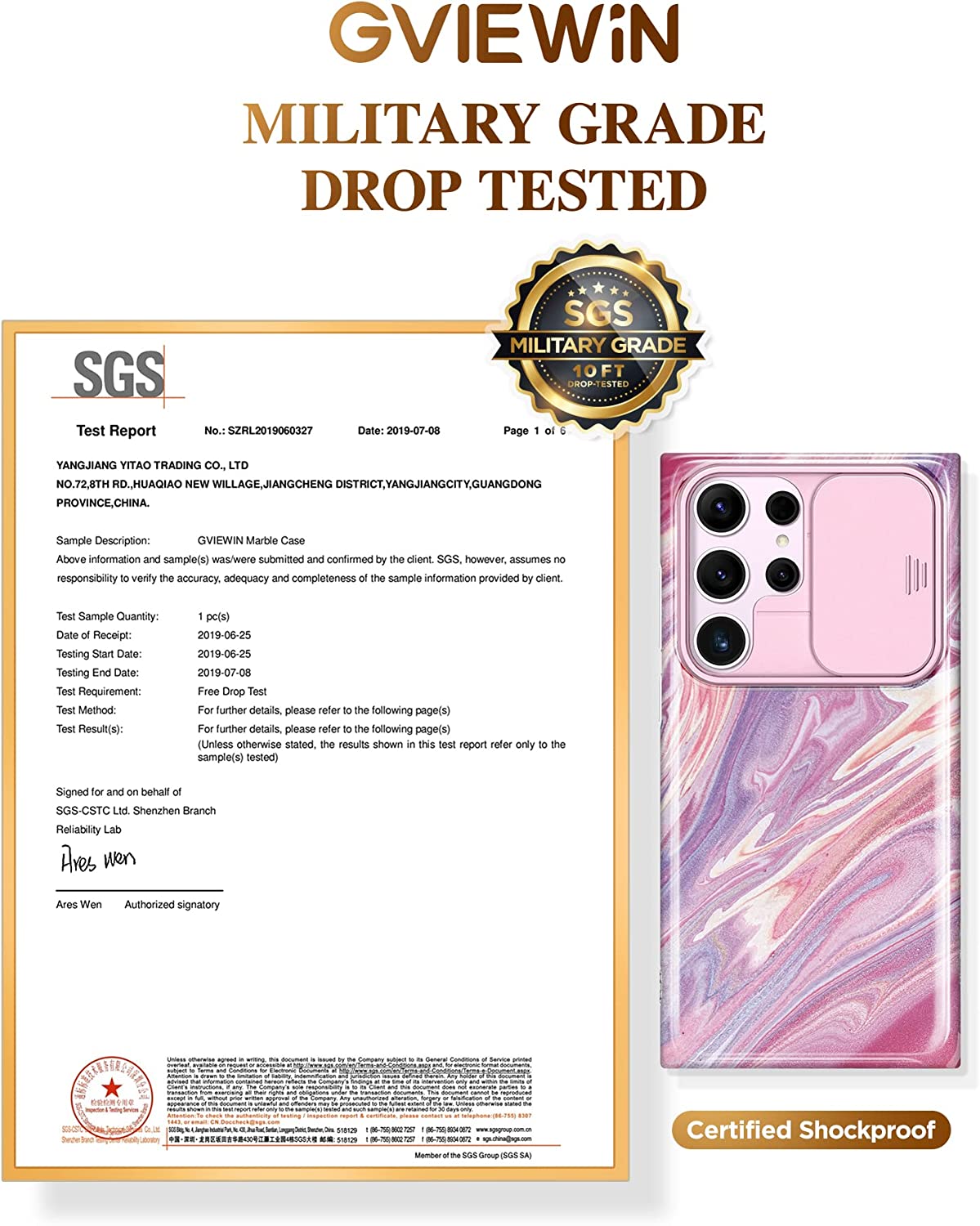 GVIEWIN Compatible with Samsung Galaxy S23 Ultra Case with Slide Camera Cover, [Military Grade Drop Protection] Slim Marble Design Shockproof Protective Phone Case Fit S23 Ultra 5G 6.8"(Burgundy/Gold)