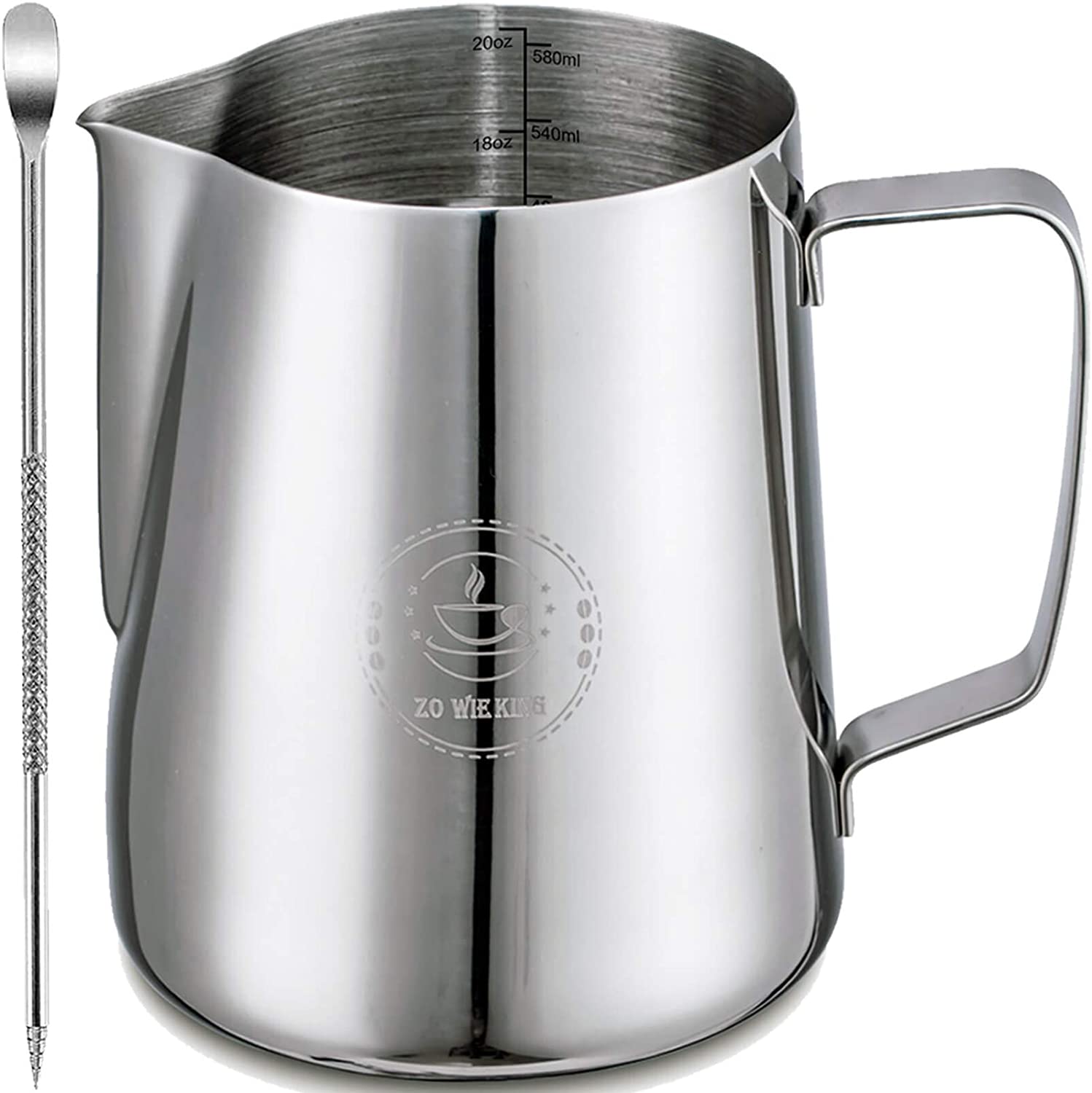 Milk Frothing Pitcher 20oz,Espresso Steaming Pitcher 20oz,Espresso Machine Accessories,Milk Frother cup 20oz,Milk Coffee Cappuccino Latte Art,Stainless Steel Jug