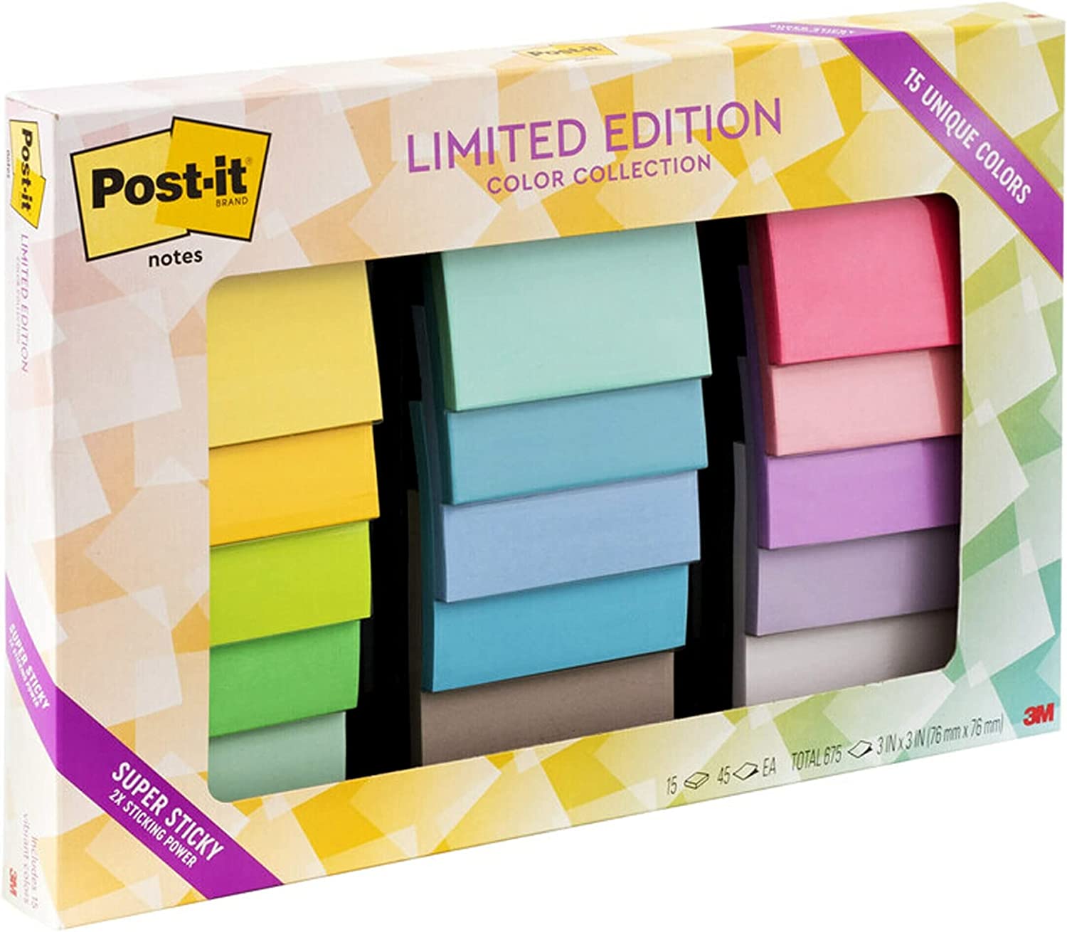 Post-it Super Sticky Notes, Limited Edition Color Collection, 3x3 in, 15 Pads/Pack, 45 Sheets/Pad (654-15SSALL)