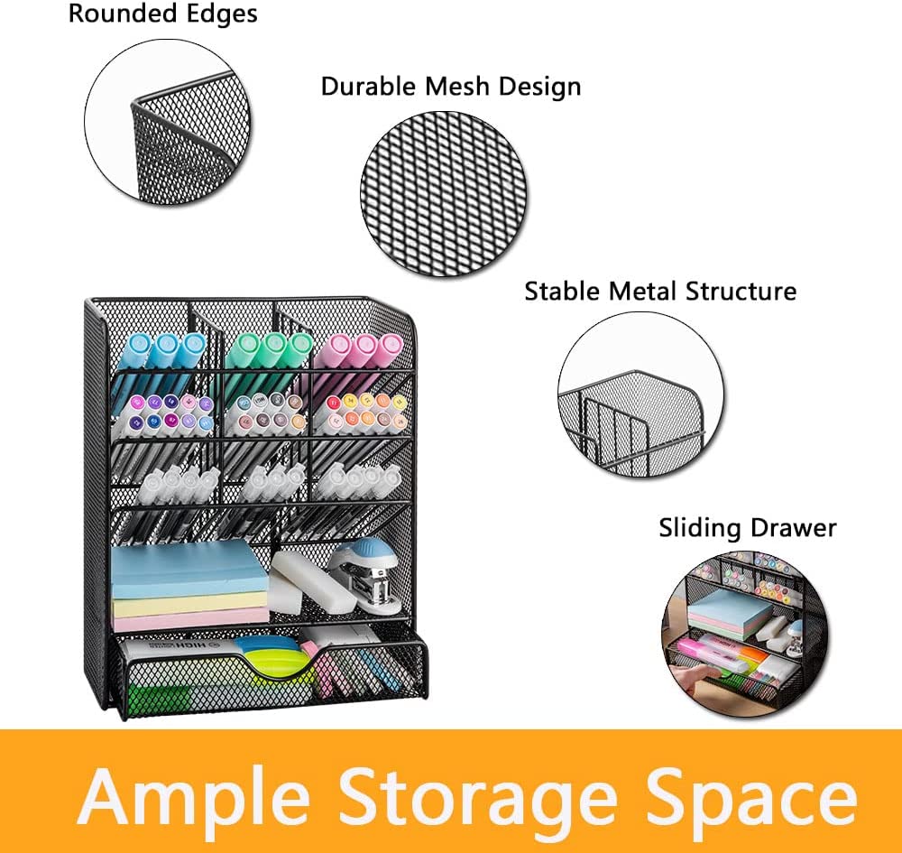 Spacrea Metal Pen Organizer, Pencil Holder for Desk, Desk Organizer with Drawer for School, Home, Art Supplies (Black)