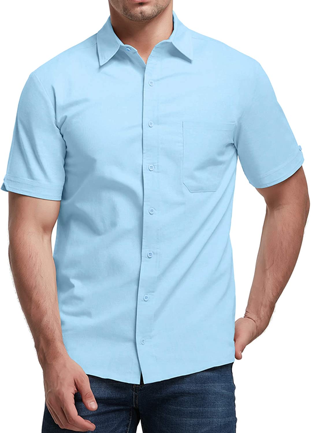 Aimeilgot Mens Long/Short Sleeve Shirts Linen Casual Button Down Tees Spread Collar Plain Shirts