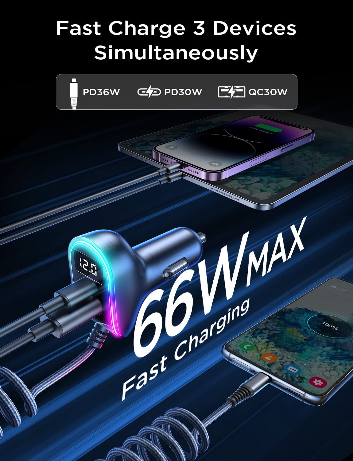 USB C Car Charger Adapter - LISEN 66W 3 Port USB Car Charger Fast Charging Dual PD&QC3.0 with 5.3ft Fast Charge Type C Car Charger Compatible with Samsung Galaxy S22 S21 Note 20 Pixel iPad Pro iPhone