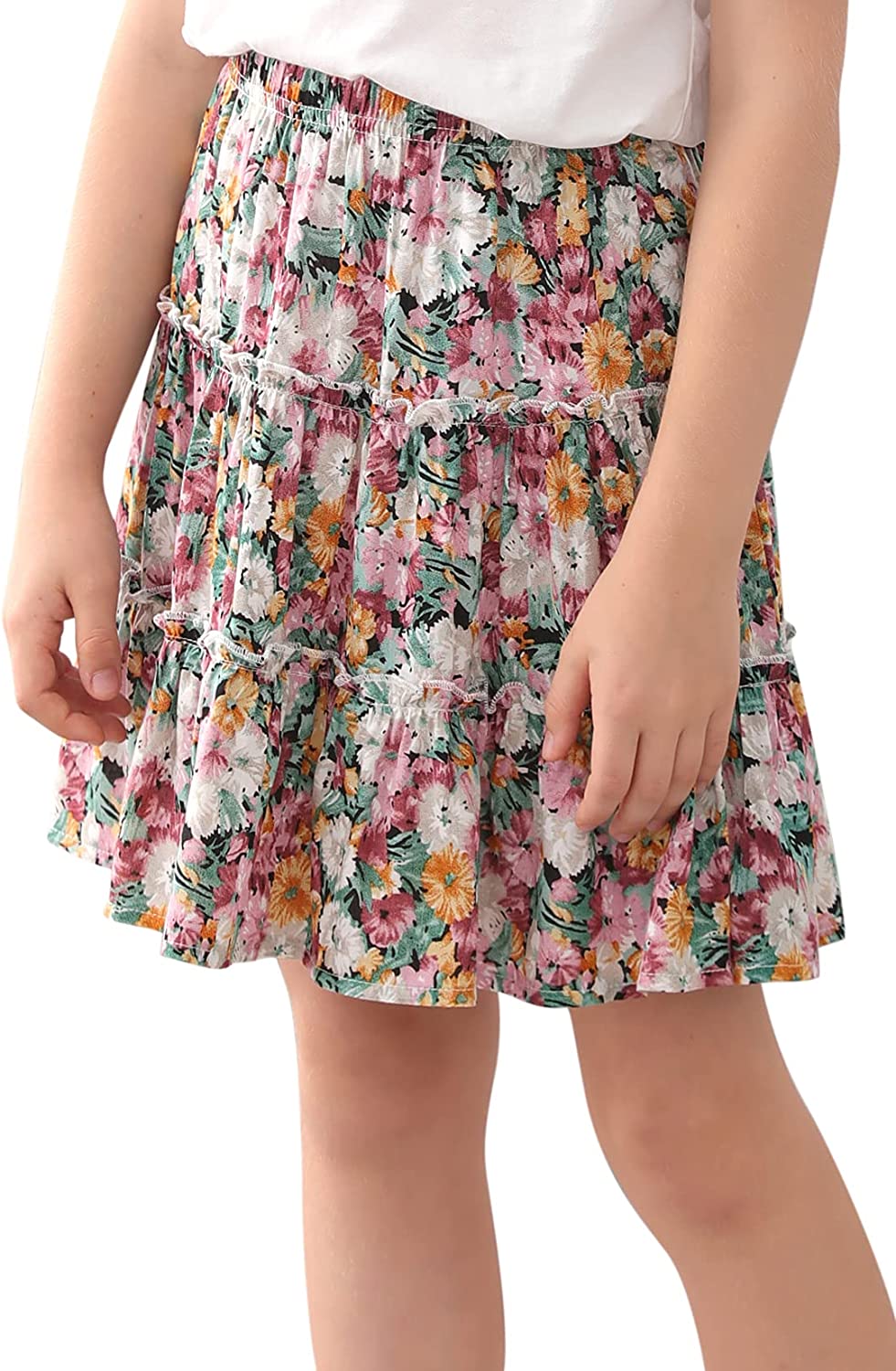 GORLYA Girls Ruffle Floral Boho Flowy Cute Tiered Short Mini Skater Skirts 4-14T