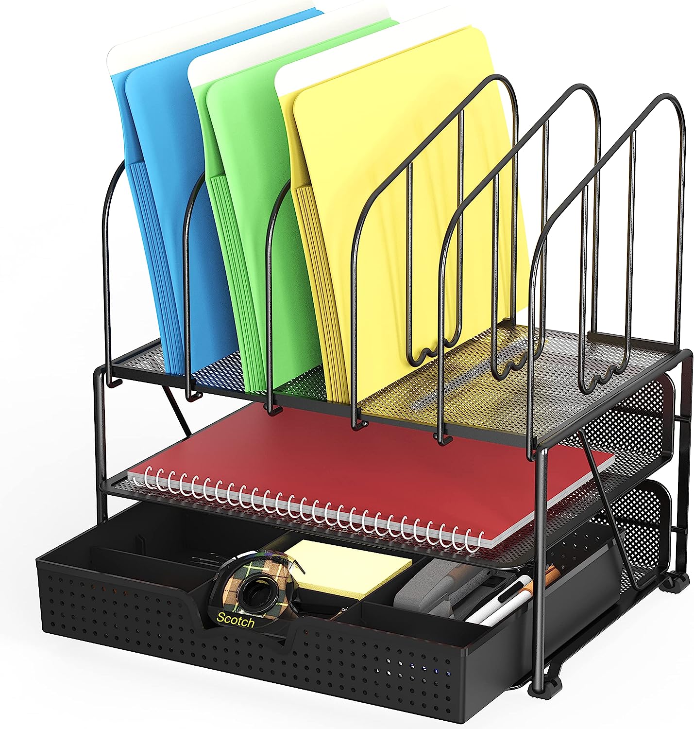 DecoBros Mesh Desk Organizer with Double Tray, 5 Upright Sections and Sliding Drawer, Black