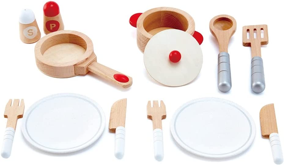 Hape?Cook & Serve Set?|?13 Piece Wooden Pretend Play Cooking Set with Accessories