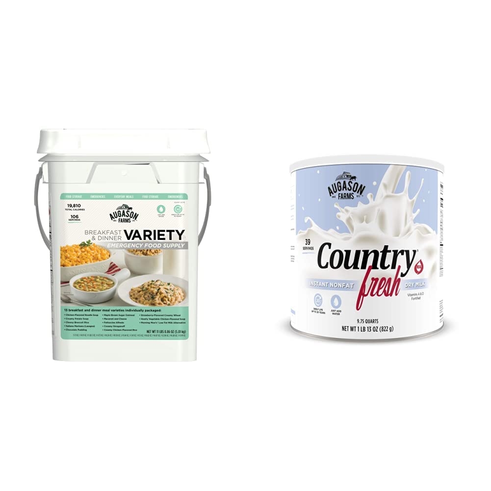 Augason Farms Breakfast and Dinner Variety Pail Emergency Food Supply Everyday Meals 4 Gallon Pail & 5-90620 Country Fresh 100% Real Instant Nonfat Dry Milk, 1 lb., 13 oz.