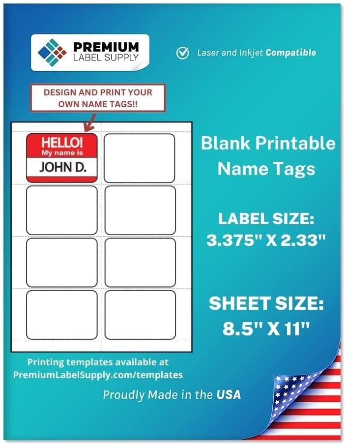 Premium Label Supply Blank Printable Name Tag Stickers - 2-1/3" x 3-3/8" - Laser/Inkjet Compatible – (8 Labels/Sheet) 100 Sheets – 800 Total Adhesive Name Tags