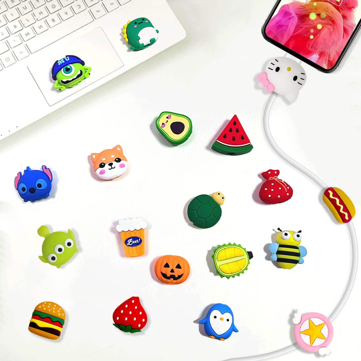 Cute Cable Protector for iPhone iPad Charger Cable, 20pcs Cartoon Cable Animals Fruit Bite Charging Protector, USB Charger Cord Protector, Charger Cable Saver Phone Accessory (Type A - 20 styles)