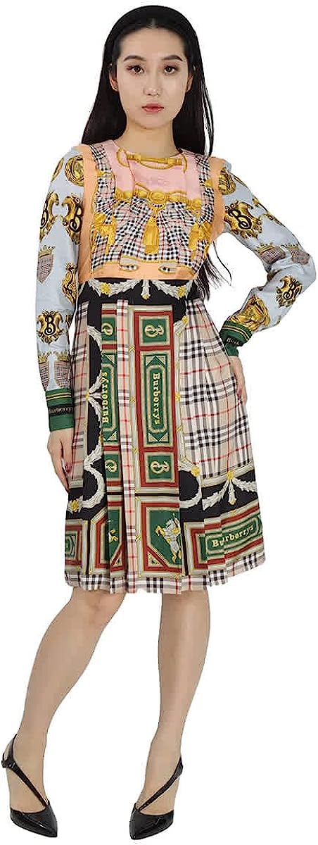 BURBERRY Long Sleeve Archive Scarf Print Pleated Silk Dress, Brand Size 2 (US Size 0) Multicolour