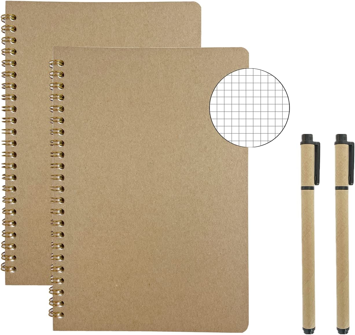 AOU Graph Paper Spiral Notebook, A5 Grid Journal with Thick Paper, 2-Pack, 8.3" x 5.7", 50 sheets/100 pages, Hard Cover Graph Ruled Notepads for School&Office, with 2 Pens (Brown)