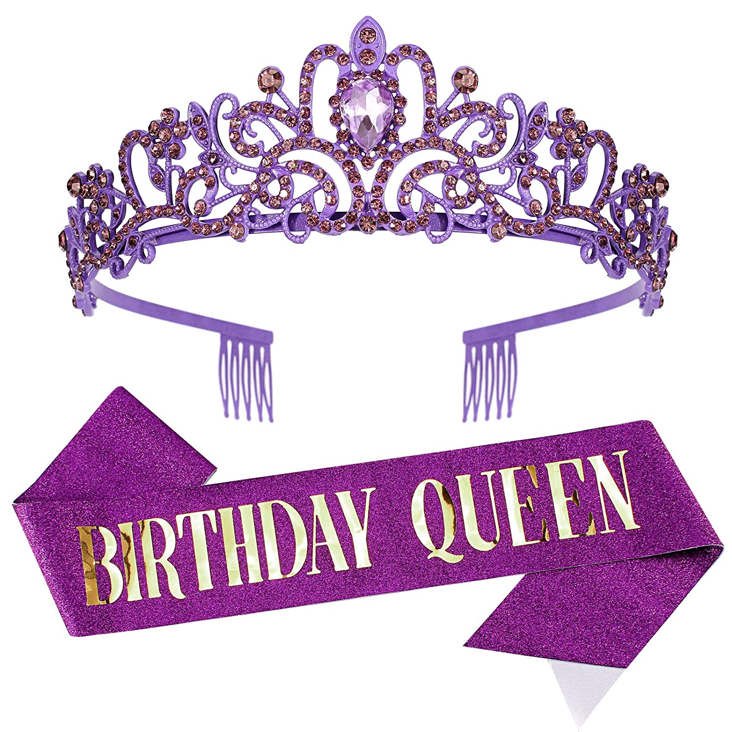 VELSCRUN Happy Birthday Queen Violets Tiara Crowns for Women, Birthday Girl Sash, Birthday Party Favors Supplies Birthday Gift for Her, 21st Birthday Party Decorations, Birthday Stuff Accessories