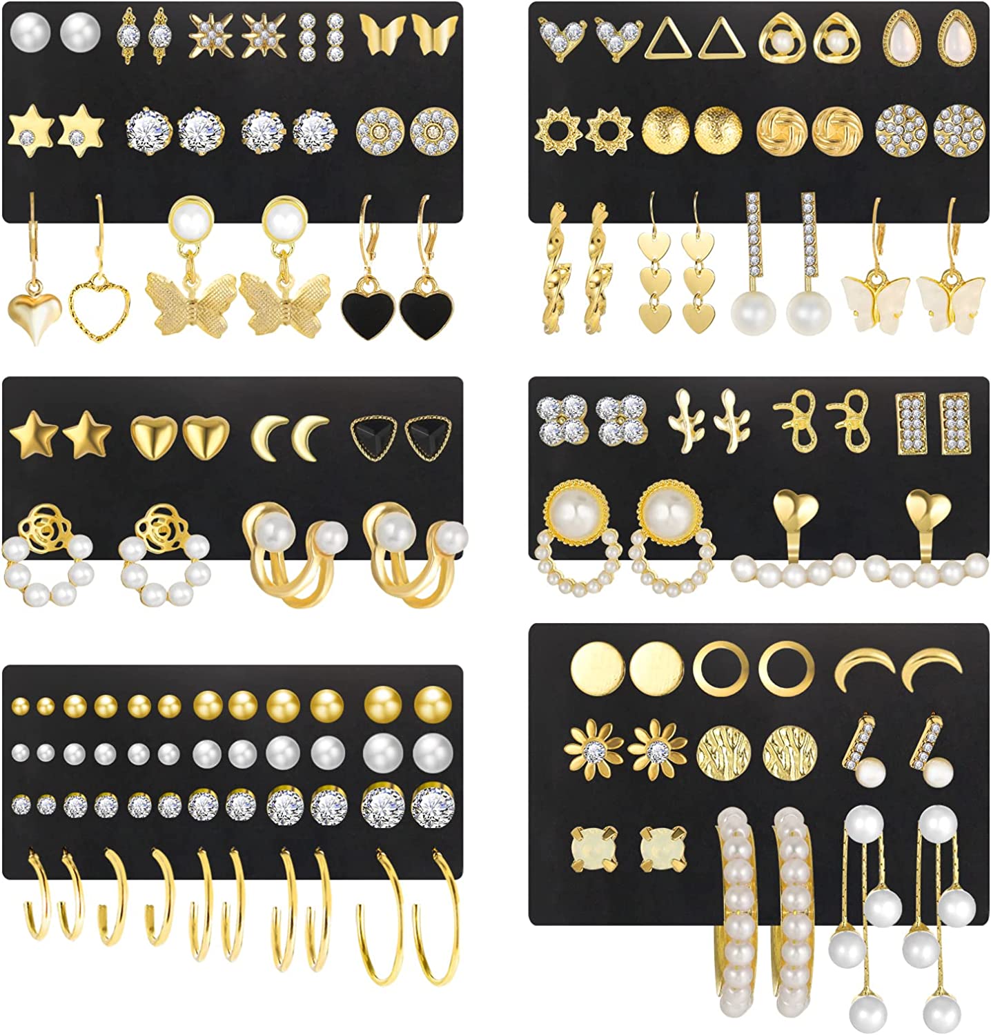 68 Pairs Gold Stud Earrings for Women Multipack, Hypoallergenic Assorted Girls Earring Set Multiple Piercings,Cubic Zirconia Pearl Butterfly Stud Hoop Earring Pack