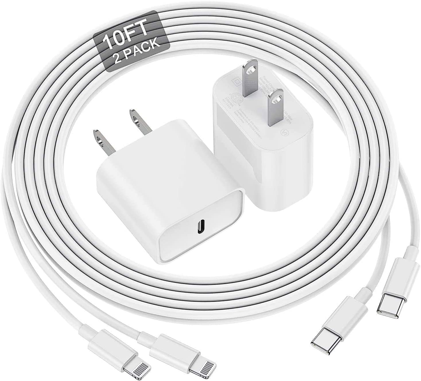 iPhone 14 13 12 11 Fast Charger, [MFi Certified] 10 FT Long USB C to Lightning Cable with 20W USB C Apple Rapid Charging Block, Adapter for iPhone 13 12 11 Pro/Mini/Pro Max/X/8/iPad, 2 Pack