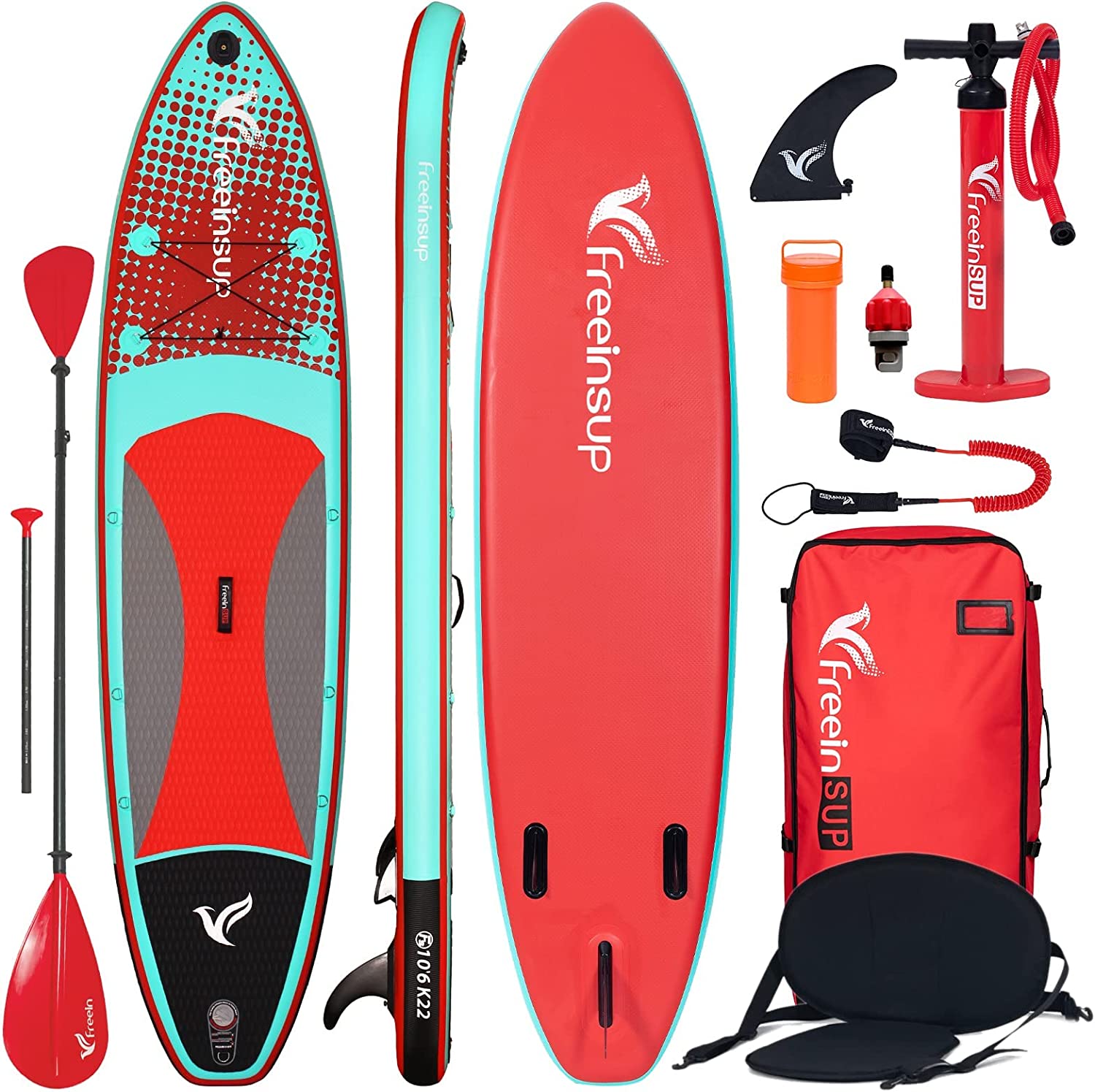 Freein Kayak SUP Inflatable Stand up Paddle Board ISUP 10'/10'6”/11', Pump Adaptor,Dual Action Pump, 2 Blades Paddle,Triple Fins, Leash, Backpack