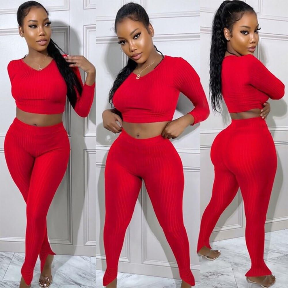 QueenLine 10pcs Wholesale Items for Business In Bulk Clothes Solid Knit Ribbed Two Piece Sets Women Fall Outfits Crop Top + Leggings Tracksuit Red L
