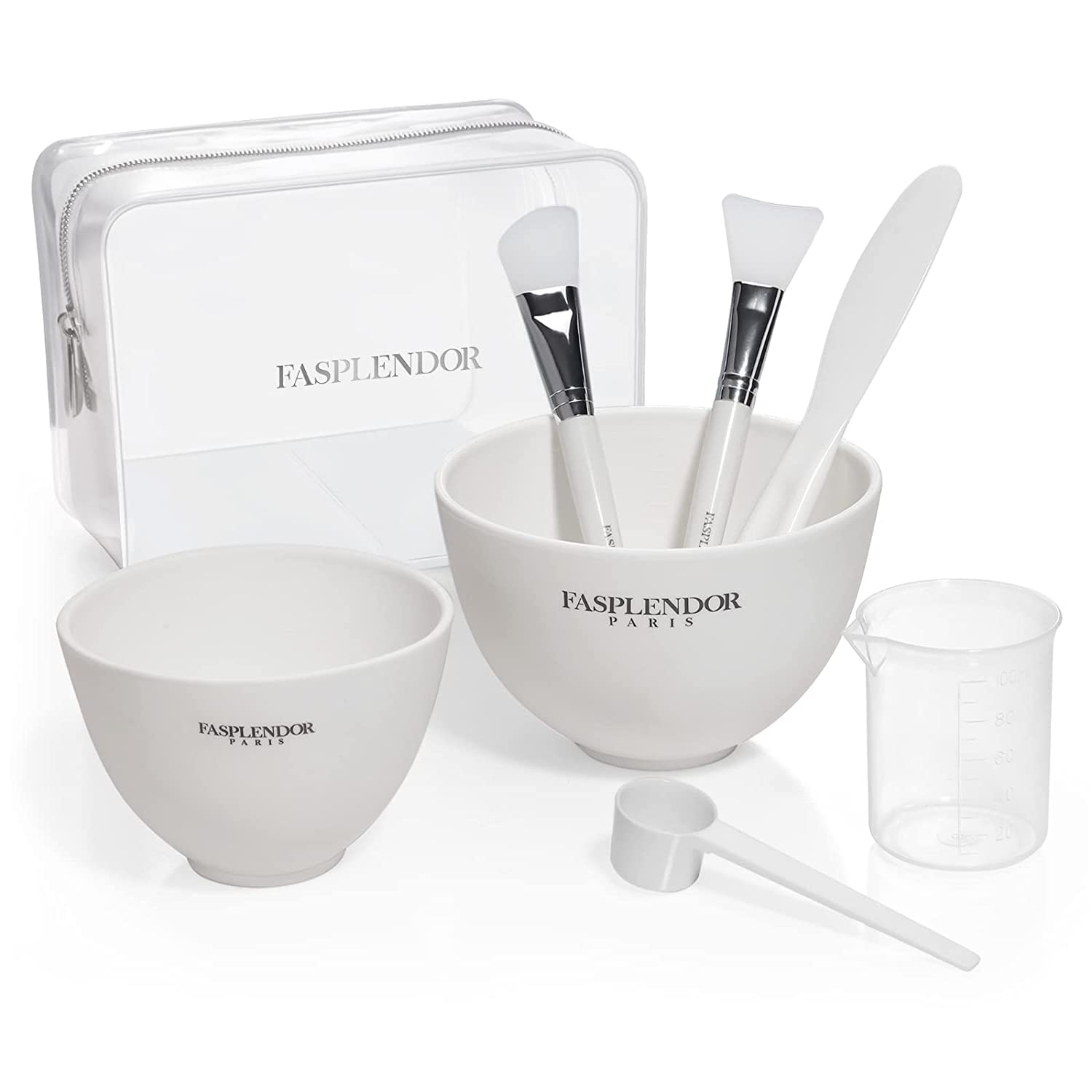 Face Mask Mixing Bowl Set with Silicone Face Mask Brush Applicator, Facial Mask Bowls, Mask Spatula, Measuring Scoop + Cup, Clear Toiletry Bag, 8 IN 1 SPA Quality Face Mask Tool Kit for DIY Clay Mask