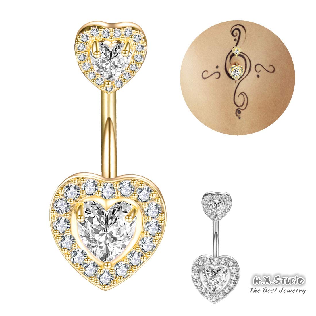 0.5CT-1.0CT GIA H-VS1 Lovely Heart Shaped Diamond Belly Button Ring, Halo Navel Ring, Luxury Body Jewelry, Piercing, Sexy Jewelry, 3 Gold Colors Available, Wholesale Available