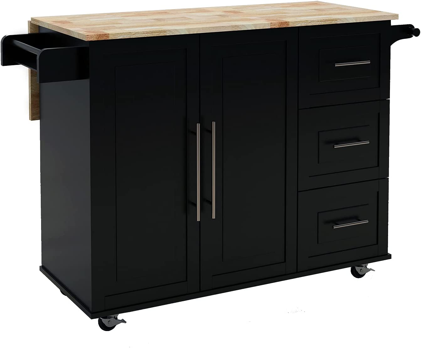 CNPRAZ Cabinet， Kitchen Island with Spice Rack， Towel Rack and Extendable Solid Wood Top， Multi Purpose， Large Storage - Black