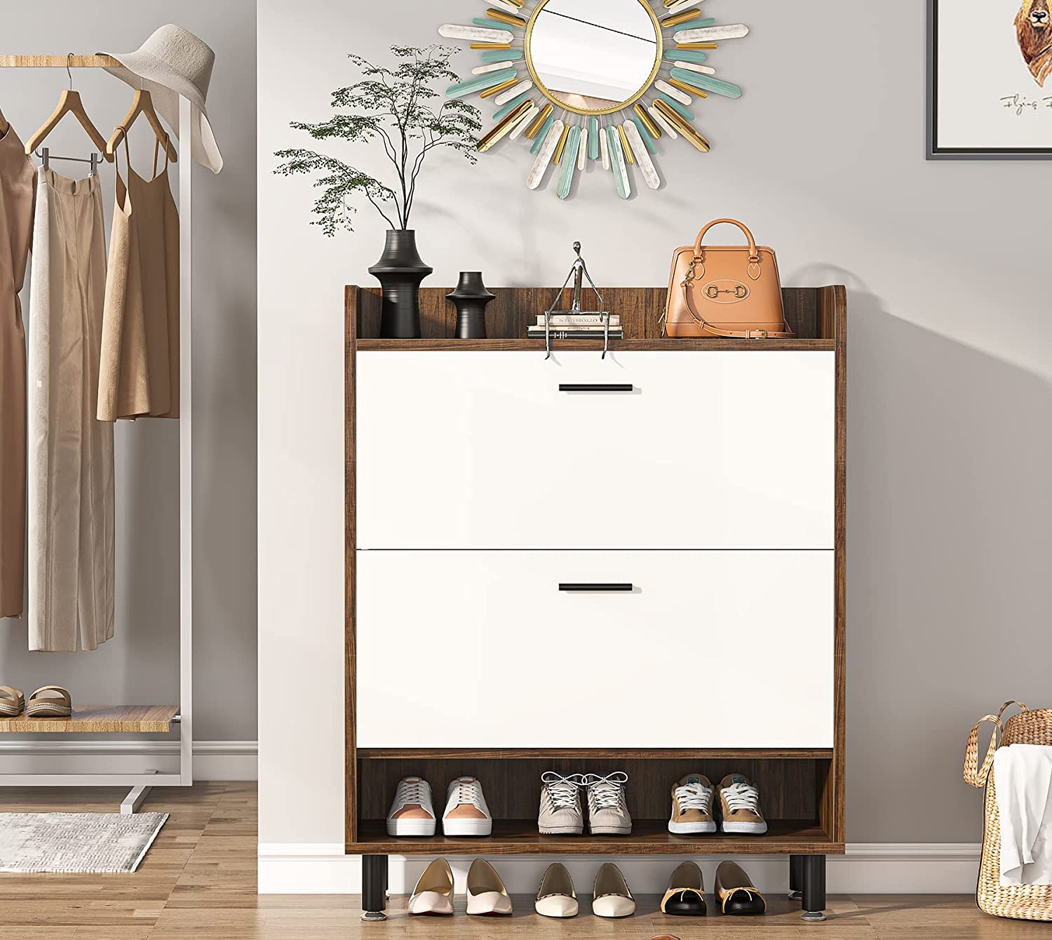 Tribesigns Shoe Cabinet, 2-Tier Shoe Storage Cabinet with Flip Doors, Vintage Entryway Shoe Organizer Rack with Open Shelves for Narrow Closet, Entryway, Living Room, White & Gold