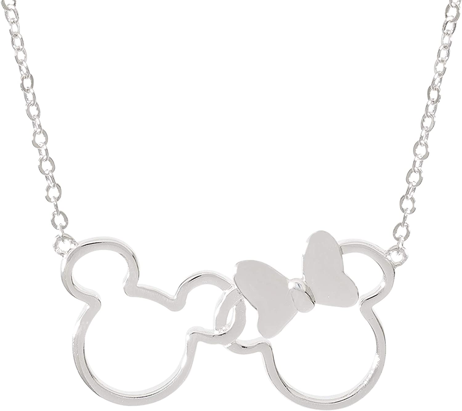 Disney Mickey and Minnie Mouse Jewelry for Women, Interlocking Mickey and Minnie Pendant Necklace; Silver Plated, Two Tone, 18"