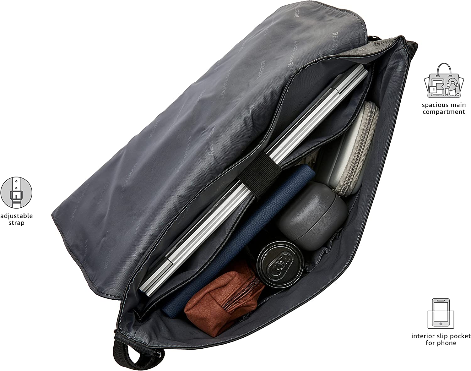 Kenneth Cole REACTION Grand Central Pebbled Vegan Leather Slim Messenger Bag Crossbody Tablet Shoulder Case For School, Work, Travel, Black