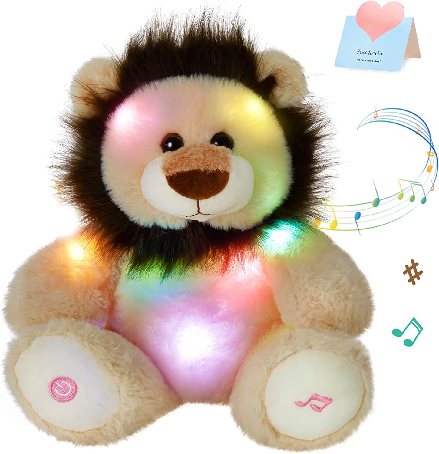 Glow Guards 10" Light Up Music Lion Stuffed Animal LED Glowing Singing Cute Plush Toy Decors Children's Day Birthdays Gifts for Kids Toddlers